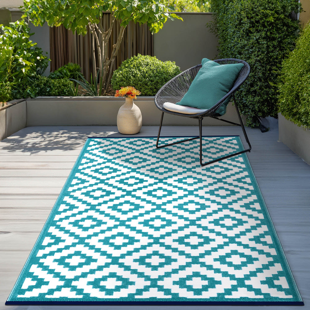 Nirvana Teal Blue and White Outdoor Rug