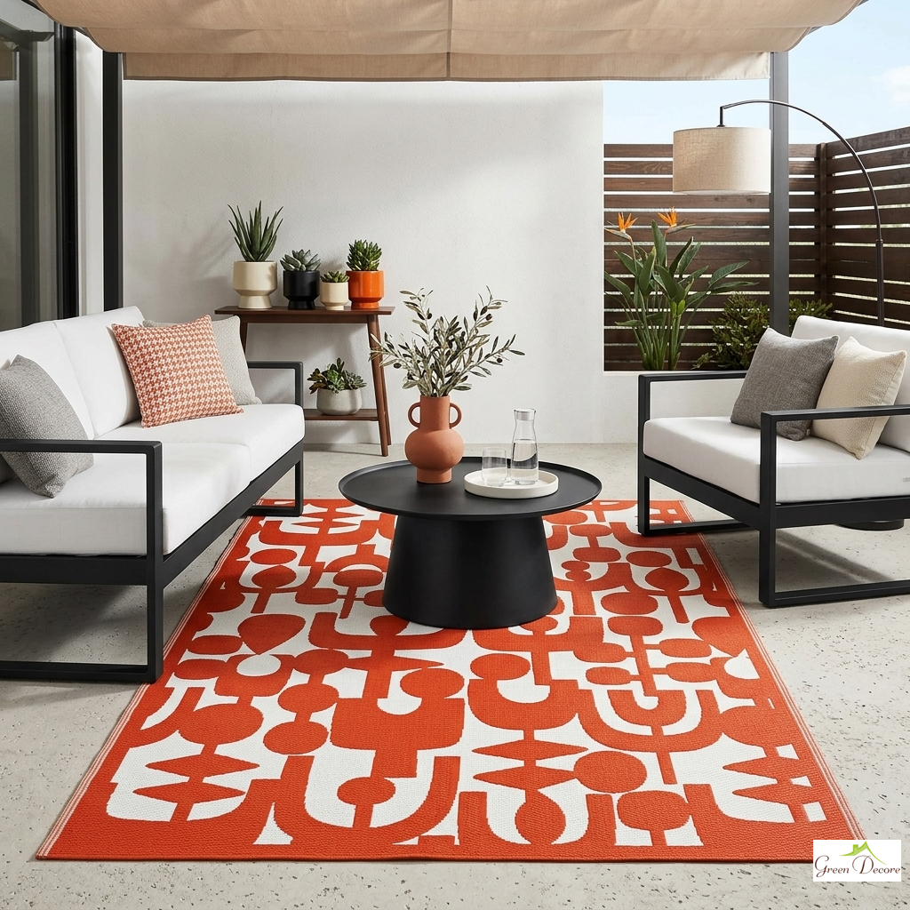 Abstra Coral Red and White Outdoor Rug