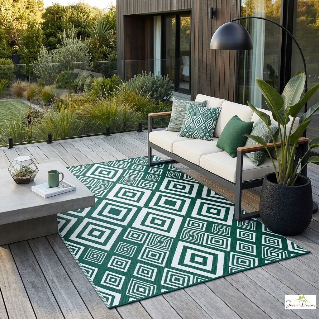 Aurexa Dark Green and White Outdoor Rug