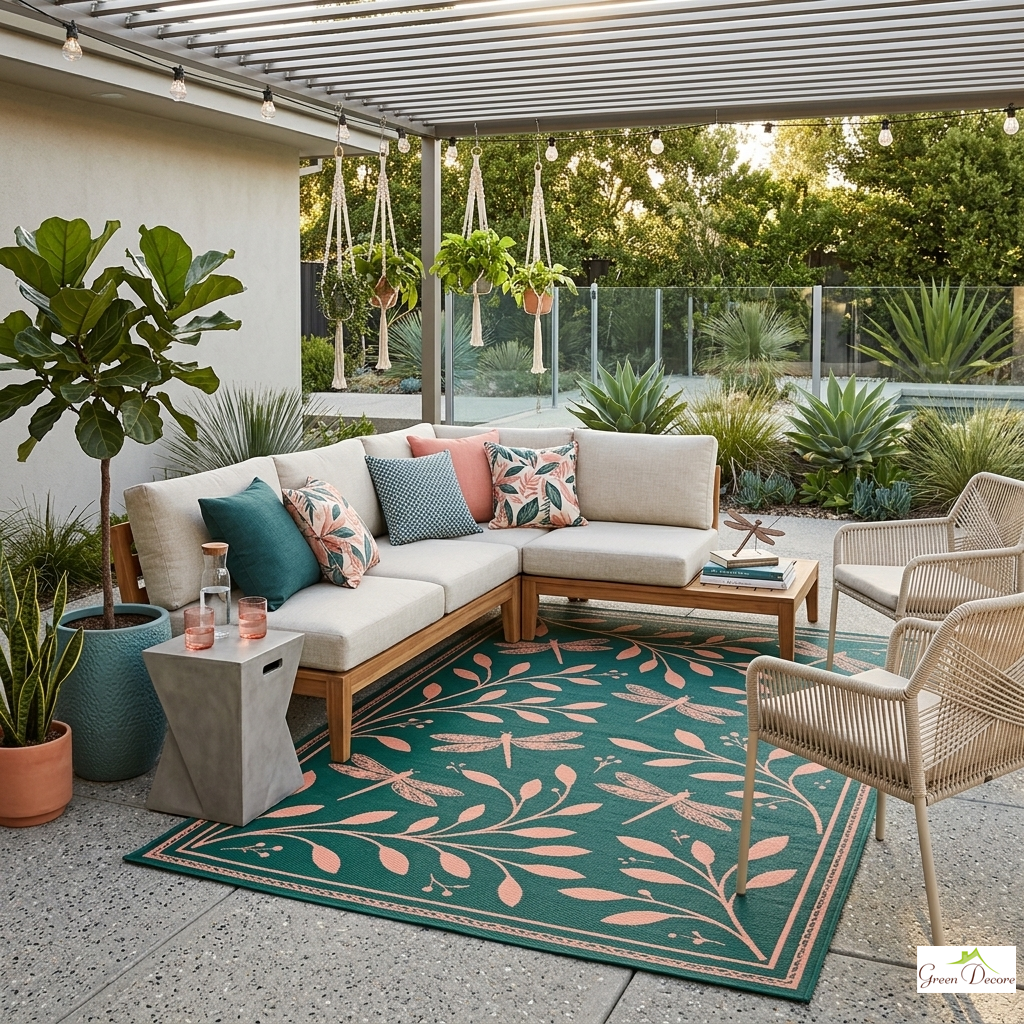Vanika Dark Green and Peach Outdoor Rug