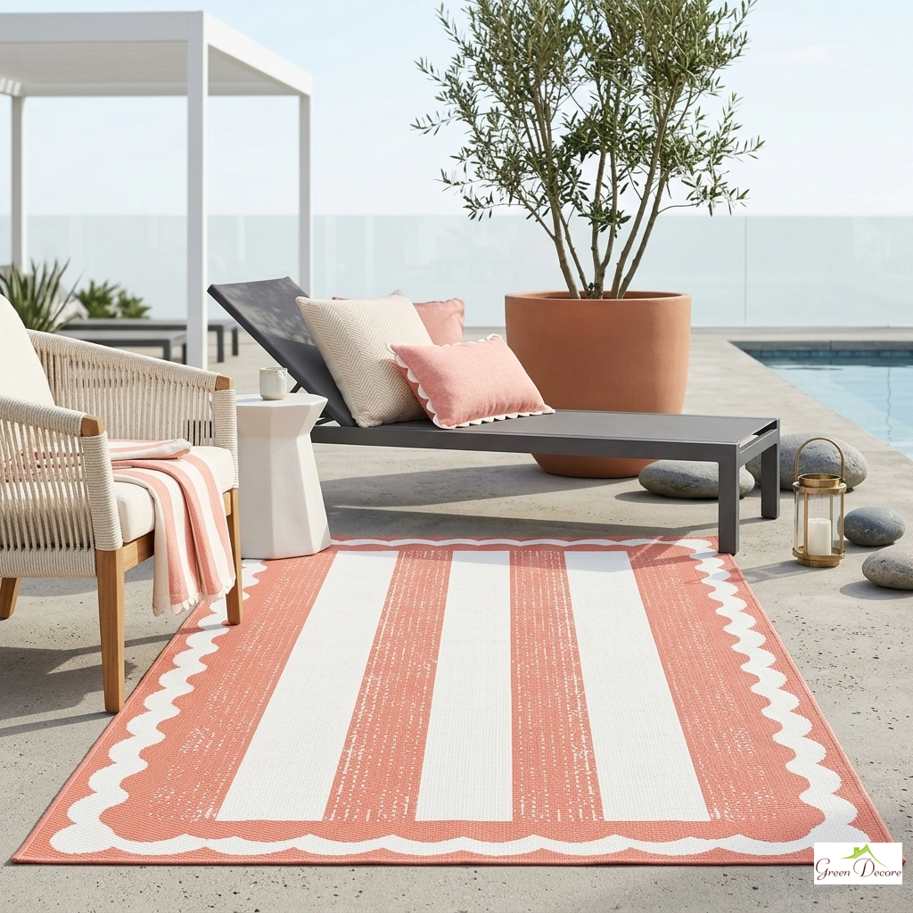 Linea Coral and White Outdoor Rug