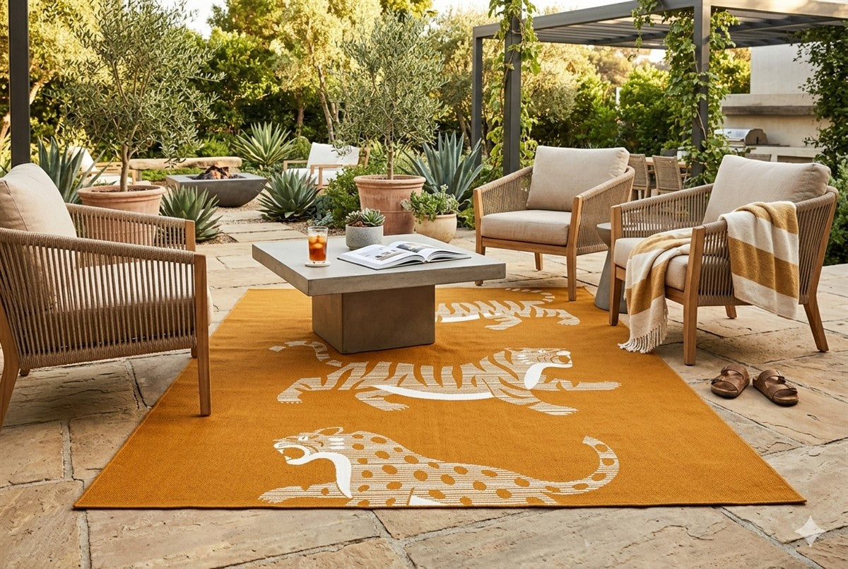 Fauna outdoor rug in a family outdoor setting