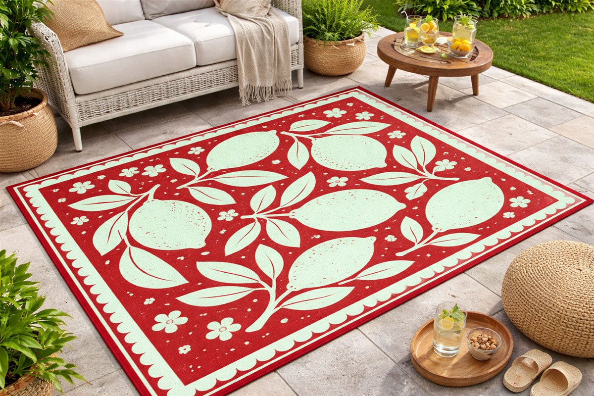 Fruit themed outdoor rug in a playful summer setting